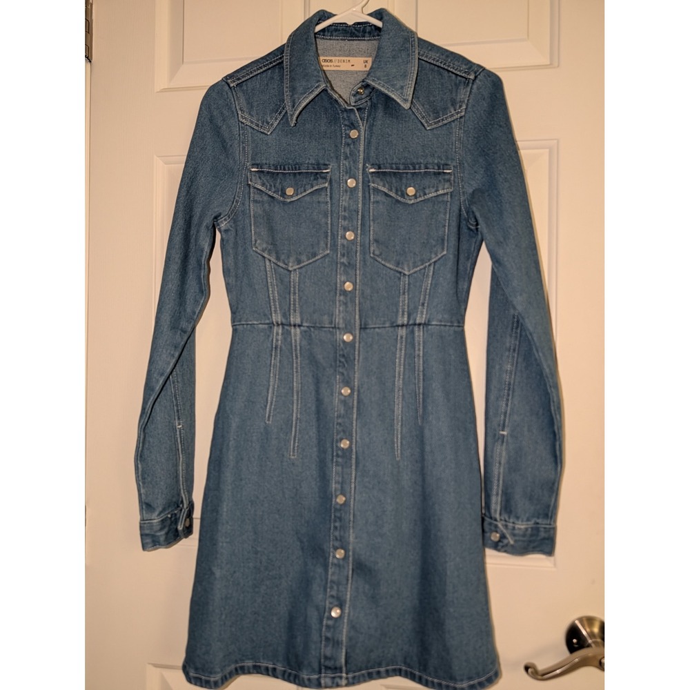 ASOS Denim Mini Dress Long Sleeve Western Cowgirl Snap Button Blue Womens 4